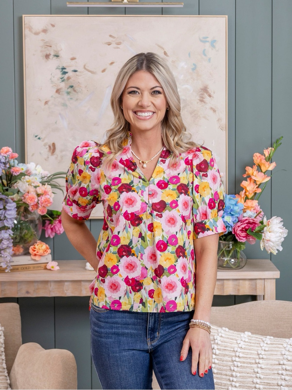 NWT Petal Perade Floral Puff-Sleeve V-Neck Blouse - Pink & Yellow XL